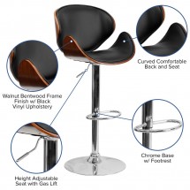 Flash Furniture SD-2203-WAL-GG Walnut Bentwood Adjustable Height Bar Stool with Curved Black Vinyl Seat and Back addl-5