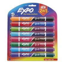 EXPO 2-in-1 Dry Erase Markers, Broad/Fine Chisel Tip, Assorted Colors, 8/Pack