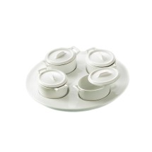 CAC China PT-B5 4 Gourmet Collection Super White Oval Jars 3 oz. x4 with Lids On Round Tray 4 I 9 1/2&quot; - 6 sets