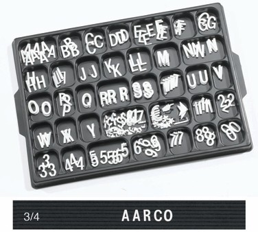 Aarco Products HF.75 3/4'' Helvetica Style Universal Single Tab Changeable Typeface Letters - 165 Characters / Set