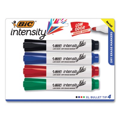 BIC Intensity Low Odor Dry Erase Marker, Broad Chisel Tip, Assorted Colors, 4/Pack