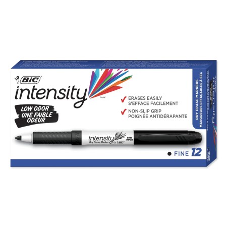 BIC Intensity Low Odor Fine Dry Erase Marker, Fine Bullet Tip, Black, 12/Pack