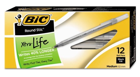 BIC Round Stic Xtra Life Stick Ballpoint Pen, 1mm, Black Ink, Smoke Barrel, Dozen