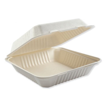 Bagasse Molded Fiber 1-Compartment White Food Containers, Hinged-Lid, 9" x 9" 200/Carton