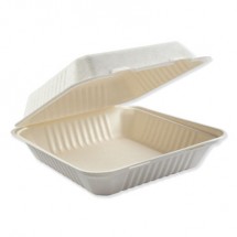 Bagasse Molded Fiber 1-Compartment White Food Containers, Hinged-Lid, 9&quot; x 9&quot; 200/Carton