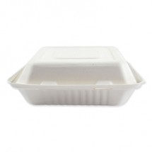 Bagasse Molded Fiber 3-Compartment White Food Containers Hinged-Lid, 9&quot; x 9&quot; 200/Carton