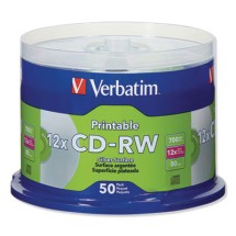 CD-RW Discs, Printable, 700MB/80min, 12X, Spindle, Silver, 50/Pack