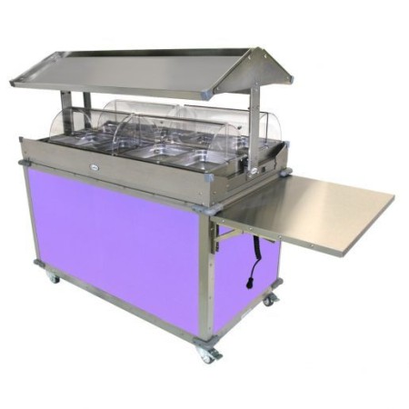 Cadco CBC-GG-4-L7 MobileServ Deluxe Grab and Go Mobile Merchandising Cart With 4 Hot Food Wells, Purple Panels
