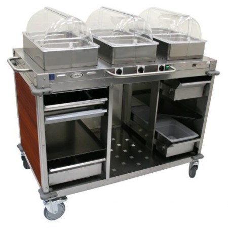 Cadco CBC-HHH-L5-4 MobileServ 3-Bay Mobile Hot Buffet Cart, 4" Pans, Cherry Panels