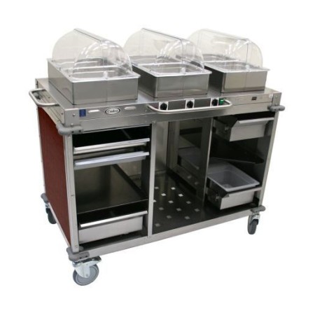 Cadco CBC-HHH-L5 MobileServ 3-Bay Mobile Hot Buffet Cart, 2-1/2" Pans, Cherry Panels
