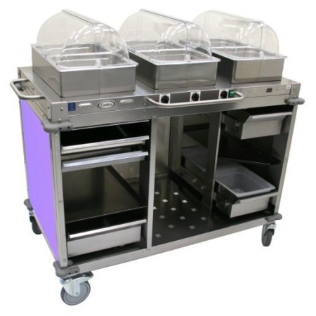 Cadco CBC-HHH-L7-4 MobileServ 3-Bay Mobile Hot Buffet Cart, 4" Pans, Purple Panels