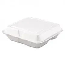 Dart White Foam Hinged Lid, 3 Compartment Food Container, 8&quot; x 7 1/2&quot; x 2 3/10&quot; - 200 pcs