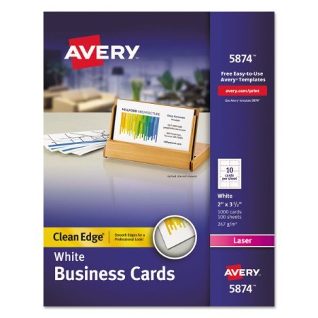 Clean Edge Business Cards, Laser, 2 x 3 1/2, White, 1000/Box