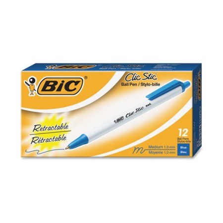 BIC Clic Stic Retractable Ballpoint Pen, Medium 1 mm, Blue Ink, White Barrel, Dozen