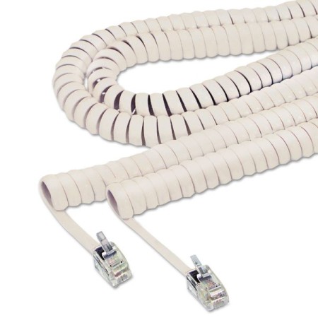 Coiled Phone Cord, Plug/Plug, 25 ft., Ivory