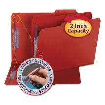 Colored Pressboard Folders with Two SafeSHIELD Coated Fasteners, 1/3-Cut Tabs, Letter Size, Bright Red, 25/Box