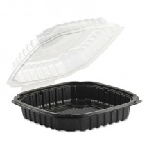 Culinary Basics Microwavable Containers, 46.5 oz., 10.5 x 9.5 x 2.5, Clear/Black, 100/Carton