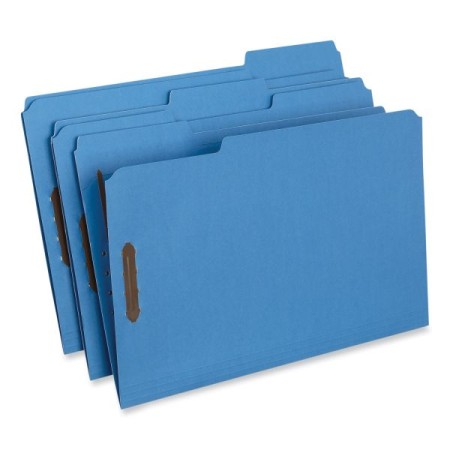 Deluxe Reinforced Top Tab Folders with Two Fasteners, 1/3-Cut Tabs, Legal Size, Blue, 50/Box