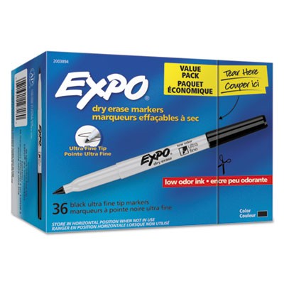 EXPO Low-Odor Dry Erase Marker Office Pack, Extra-Fine Needle Tip, Black, 36/Pack