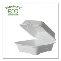 Eco-Products Vanguard Renewable and Compostable Sugarcane Clamshells, 1-Compartment, 6&quot; W x 6&quot; D x 3&quot; H, 500/Carton