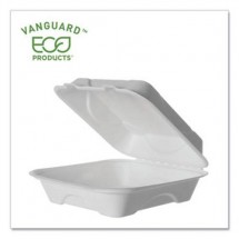 Eco-Products Vanguard Renewable and Compostable Sugarcane Clamshells, 1-Compartment, 8&quot; W x 8&quot; D x 3&quot; H, 500/Carton