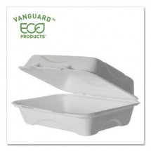 Eco-Products Vanguard Renewable and Compostable Sugarcane Clamshells, 1-Compartment, 9&quot; W x 6&quot; D x 3&quot; H, 250/Carton