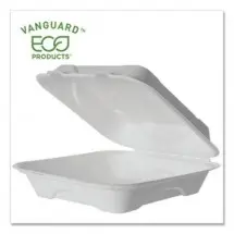 Eco-Products Vanguard Renewable and Compostable Sugarcane Clamshells, 1-Compartment, 9&quot; W x 9&quot; D x 3&quot; H, 500/Carton