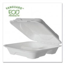 Eco-Products Vanguard Renewable and Compostable Sugarcane Clamshells, 3-Compartment,  9" W x 9" D x 3" H, 200/Carton