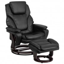Flash Furniture BT-70222-BK-FLAIR-GG Contemporary Black Leather Recliner and Ottoman with Swiveling Mahogany Wood Base