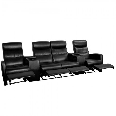 Flash Furniture BT-70273-4-BK-GG Anetos 4-Seat Reclining Black Leather Theater Seating Unit with Cup Holders
