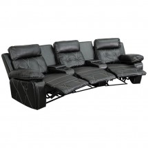 Flash Furniture BT-70530-3-BK-CV-GG Reel Comfort 3-Seat Reclining Black Leather Theater Seating Unit with Curved Cup Holders