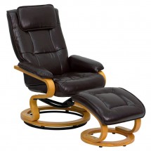 Flash Furniture BT-7615-BN-CURV-GG Contemporary Brown Leather Recliner and Ottoman with Swiveling Maple Wood Base
