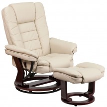 Flash Furniture BT-7818-BGE-GG Contemporary Beige Leather Recliner / Ottoman with Swiveling Mahogany Wood Base