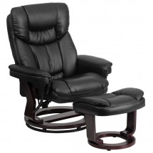Flash Furniture BT-7821-BK-GG Contemporary Multi-Position Recliner and Curved Ottoman with Swivel Mahogany Wood Base in Black Leather