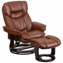 Flash Furniture BT-7821-VIN-GG Contemporary Brown Vintage Leather Multi-Position Recliner and Curved Ottoman with Swivel Mahogany Wood Base
