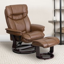 Flash Furniture BT-7821-PALIMINO-GG Contemporary Palimino Leather Multi-Position Recliner and Curved Ottoman with Swivel Mahogany Wood Base
