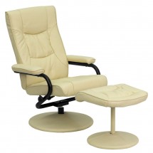Flash Furniture BT-7862-CREAM-GG Contemporary Cream Leather Recliner and Ottoman with Leather Wrapped Base