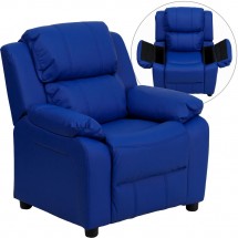Flash Furniture BT-7985-KID-BLUE-GG Deluxe Heavily Padded Contemporary Blue Vinyl Kids Recliner with Storage Arms