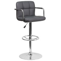 Flash Furniture CH-102029-GY-GG Gray Quilted Vinyl Adjustable Height Bar Stool with Arms and Chrome Base