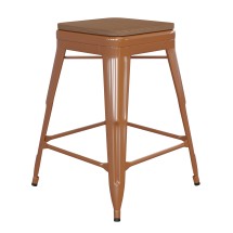 Flash Furniture CH-31320-24-OR-PL2T-GG Backless Orange Metal Indoor/Outdoor Counter Height Bar Stool with Teak Poly Resin Wood Seat 24&quot;