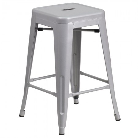 Flash Furniture CH-31320-24-SIL-GG Backless Silver Metal Indoor-Outdoor Counter Height Stool with Square Seat 24"