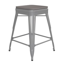 Flash Furniture CH-31320-24-SIL-PL2G-GG Backless Silver Metal Indoor/Outdoor Counter Height Bar Stool with Gray Poly Resin Wood Seat 24