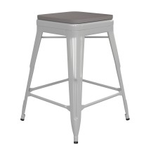Flash Furniture CH-31320-24-WH-PL2G-GG Backless White Metal Indoor/Outdoor Counter Height Bar Stool with Gray Poly Resin Wood Seat 24