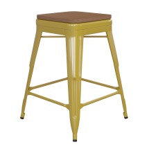 Flash Furniture CH-31320-24-YL-PL2T-GG Backless Yellow Metal Indoor/Outdoor Counter Height Bar Stool with Teak Poly Resin Wood Seat 24