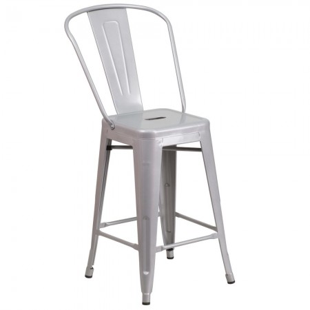 Flash Furniture CH-31320-24GB-SIL-GG Silver Metal Indoor-Outdoor Counter Height Stool with Square Seat and Back 24"