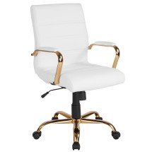 Flash Furniture GO-2286M-WH-GLD-GG Mid-Back White LeatherSoft Executive Swivel Office Chair, Gold Frame and Arms