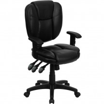 Flash Furniture GO-930F-BK-LEA-ARMS-GG Mid-Back Black Leather Multi-Functional Ergonomic Task Chair with Arms