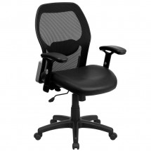 Flash Furniture LF-W42B-L-GG Mid-Back Black Super Mesh Executive Chair with  Leather Seat