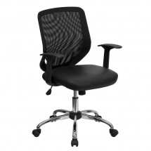 Flash Furniture LF-W95-LEA-BK-GG Mid-Back Black Task Chair with Mesh Back and Italian Leather Seat