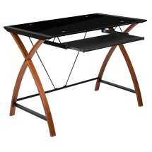 Flash Furniture NAN-JN-2824S-BK-GG Black Glass Computer Desk with Pull-Out Keyboard Tray and Crisscross Frame